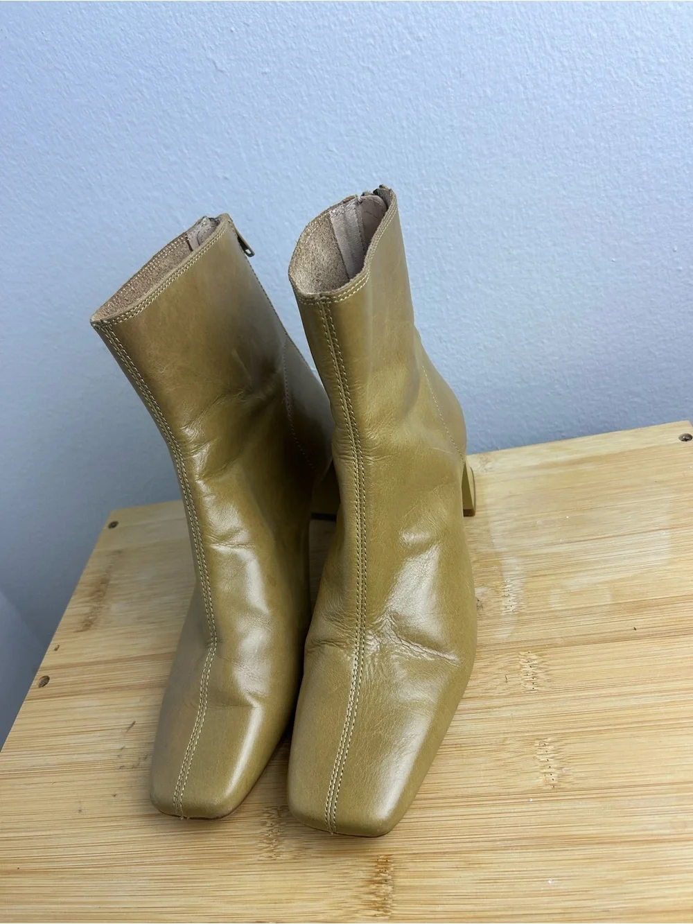 Mango Squared Toe Leather Ankle Boots Size 36 Women's Block Heel butter yellow